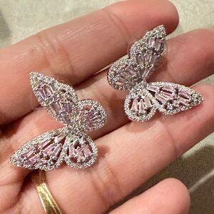 Elegant Silver and Pink Butterfly Earrings